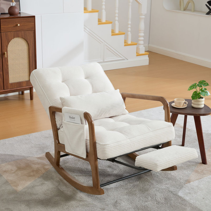 Corduroy Rocking Chair with Footrest & Side Pocket, Nursery Glider Accent Chair for Living Room, Beige