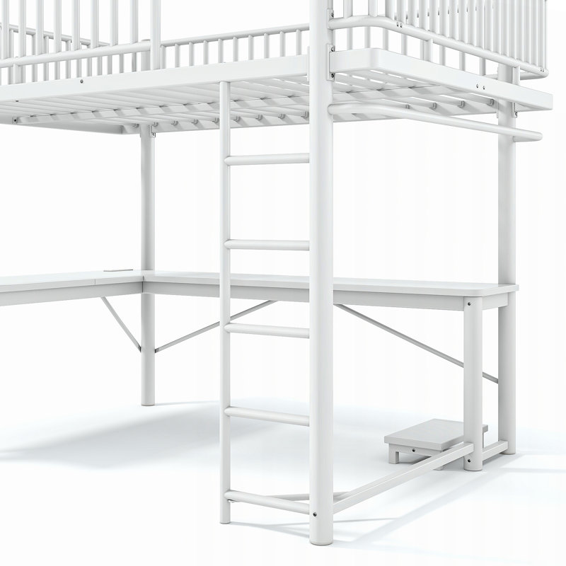 Lit mezzanine en métal avec bureau en L, station de charge et plateau d'ordinateur, Grand lit, Blanc clair