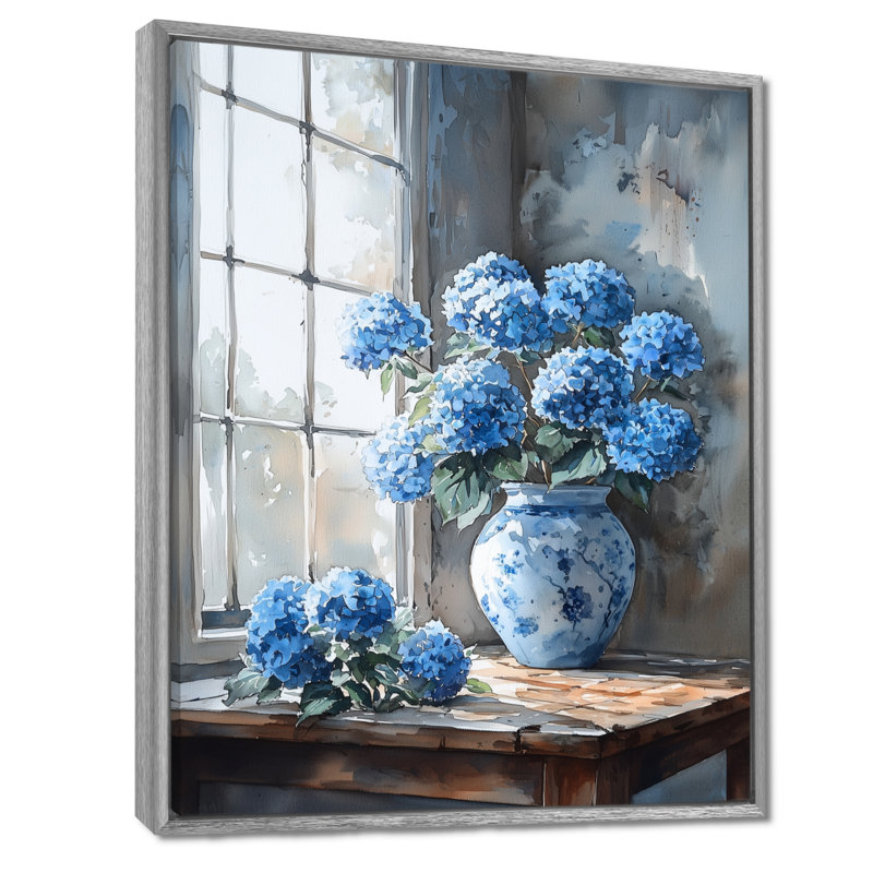 Hortensias dans une nature morte scène II - hydrangées, art mural, H 40 po x l 30 po, Impression encadrée sans passe-partout