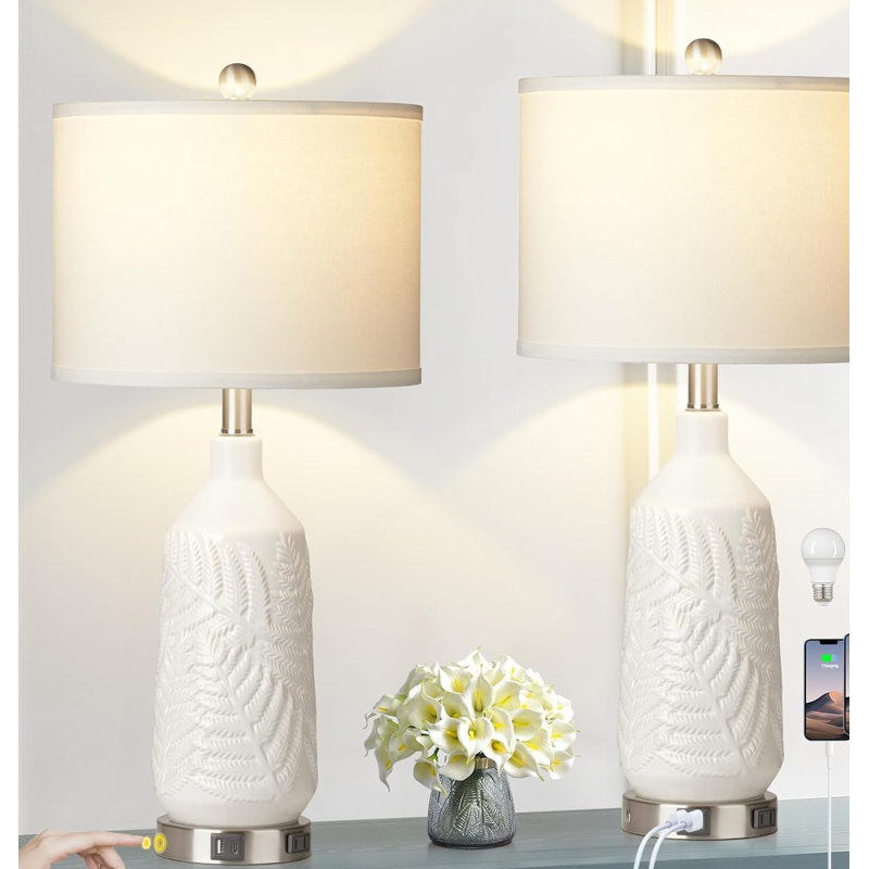 White Ceramic Table Lamps Set with Linen Shades and USB Ports