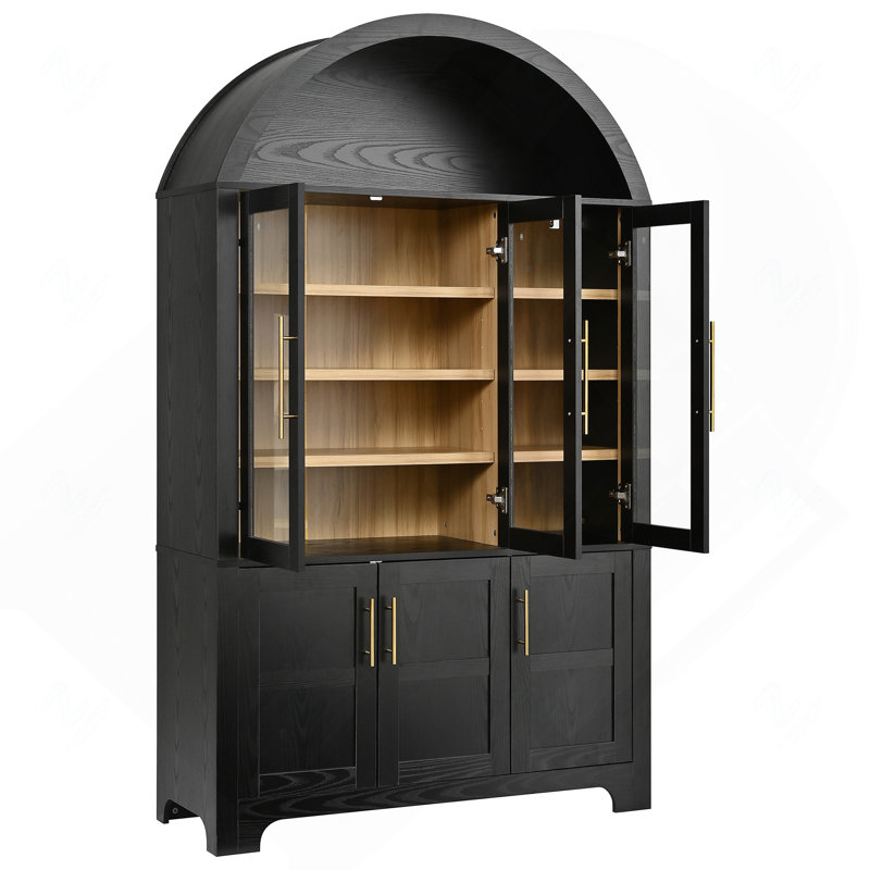 Armoire de cuisine cintrée de 185 cm de hauteur avec 3 portes vitrées et étagères réglables, noire