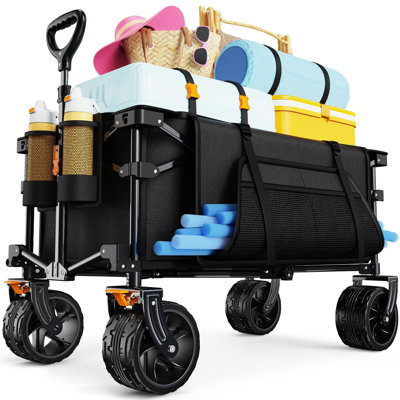 Collapsible Wagon Cart Heavy Duty Foldable, Folding Beach Wagon With Big Wheels For Sand, Utility Grocery Cart With Side Pocket And Brakes For Camping -  BEACHWATER POOL & SPA, LLC, B0BY96CWJH