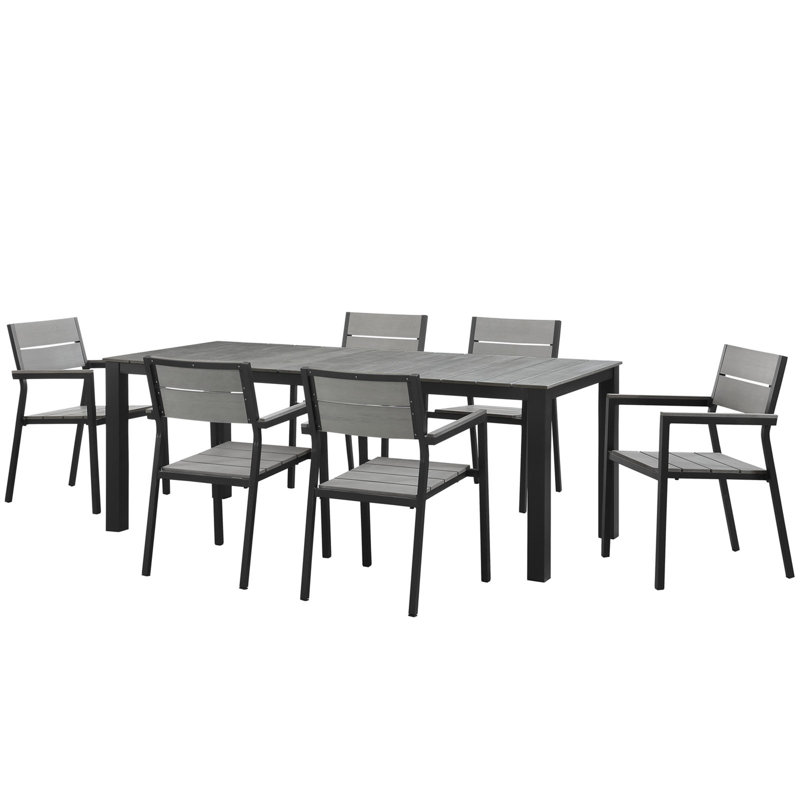 6 - Person Patio Dining Set with Rectangular Table, 29.5" H x 35.5" W x 63" L, Gray/Black