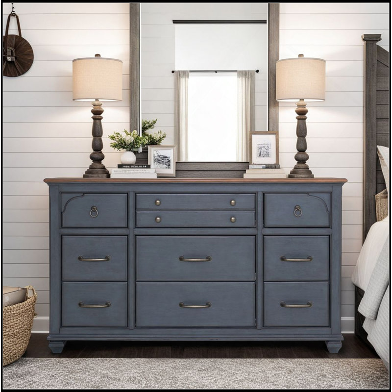 blue grey dresser Henley Scalloped Edge 6 Drawer Wide Dresser, Spruce - daals bearing glides for easy access to your clothing and belongings Canora Grey 9-Drawer Dresser, No
