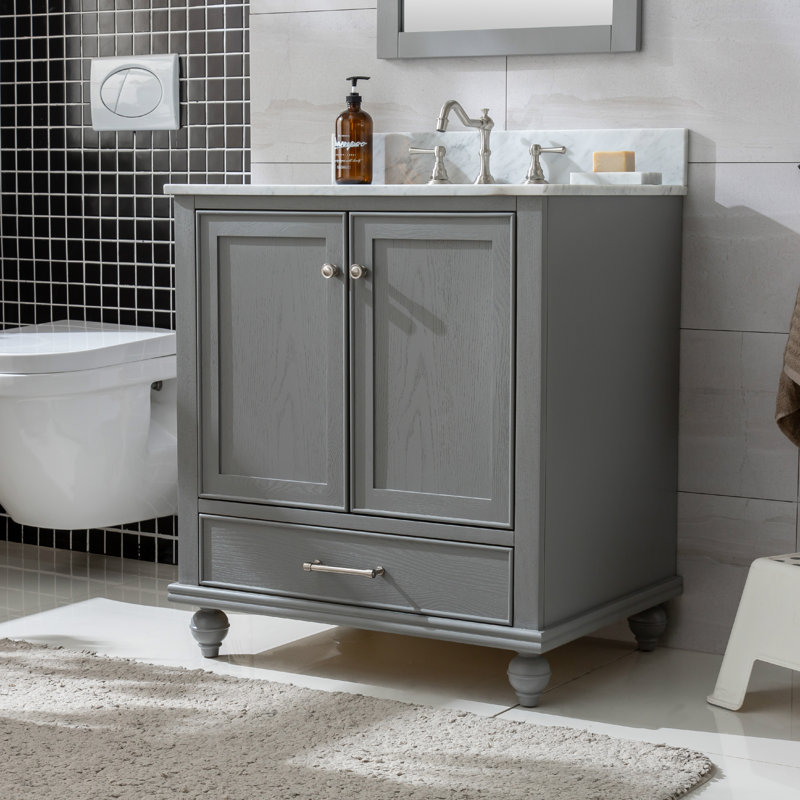 Angelissa 30'' Single Bathroom Vanity with Engineered Stone Top, Grain Gray/Brushed nickel, Carrara White Natural Stone