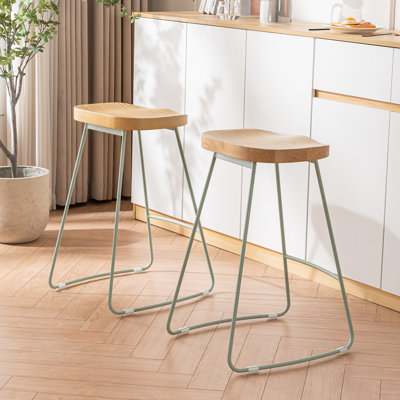 Bar Stools Set of 2 Rustic Counter Stools with Solid Wood Saddle Seat & Metal Legs, Backless Kitchen Island Stools for Breakfast Bar & Home Decor