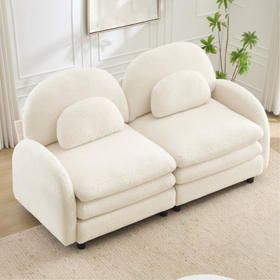 Teddy Fabric Soft Cloud-like Loveseat Sofa,Curved Backrest and Armrest with Curved Lumbar Pillows, Modular 2 Seater Couch with Supportive Double-layer cushion, Beige White
