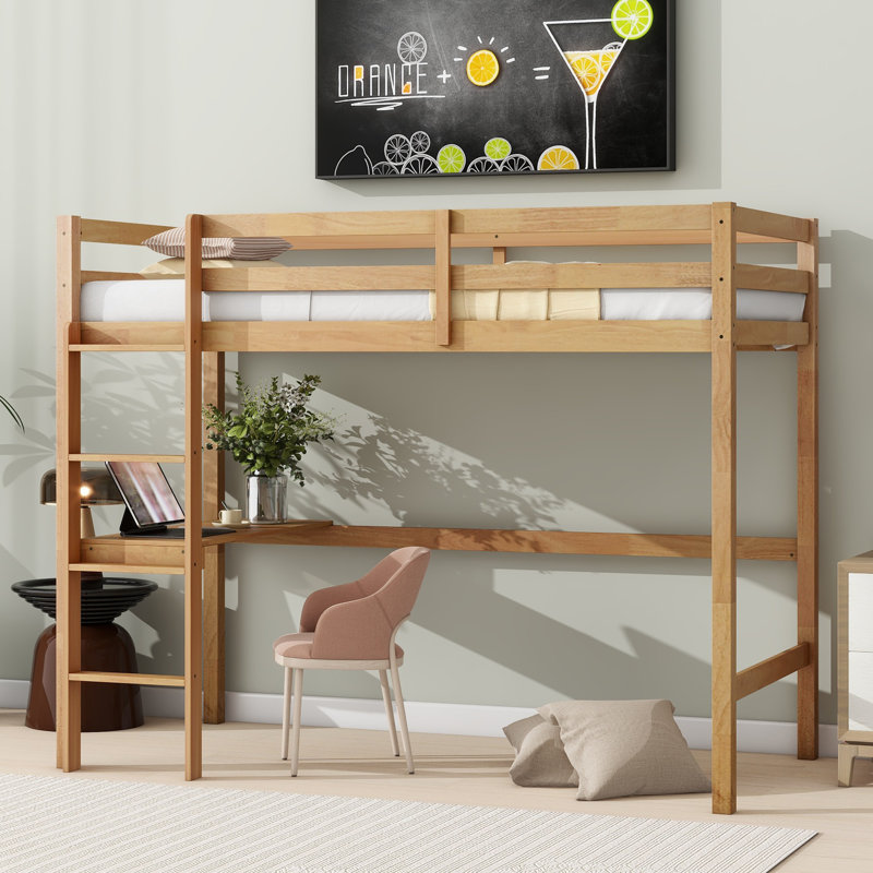 Twin Loft Bed with Built-in Desk, Rubber Wood High Loft Bed with Safety Guardrail & Ladder, Oak