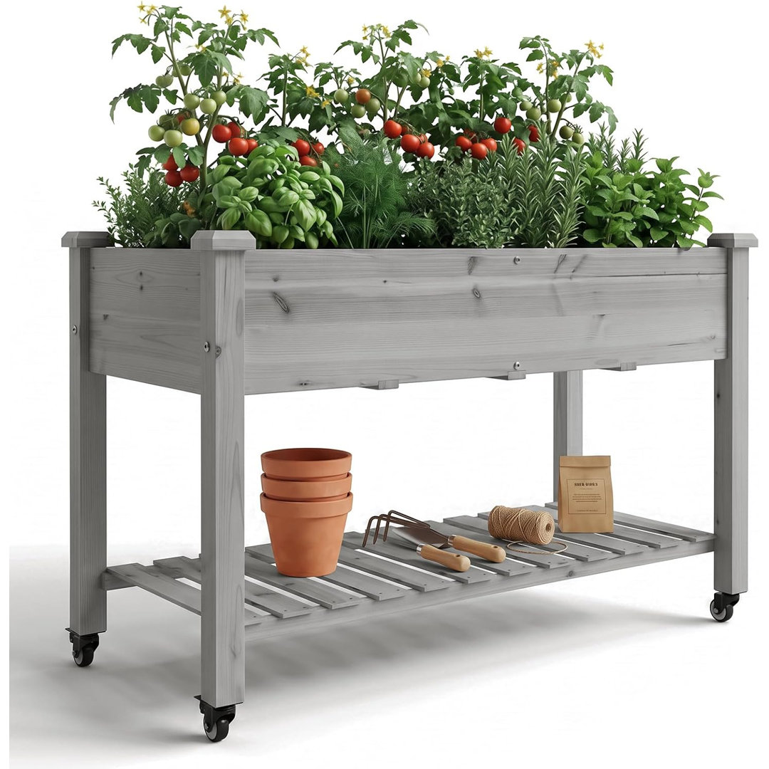 Mobile Cedar Wood Elevated Raised Garden Planter Box with Lockable Wheels, Storage Shelf & Protective Liner, Grey for Patio, Backyard & Terrace Planti