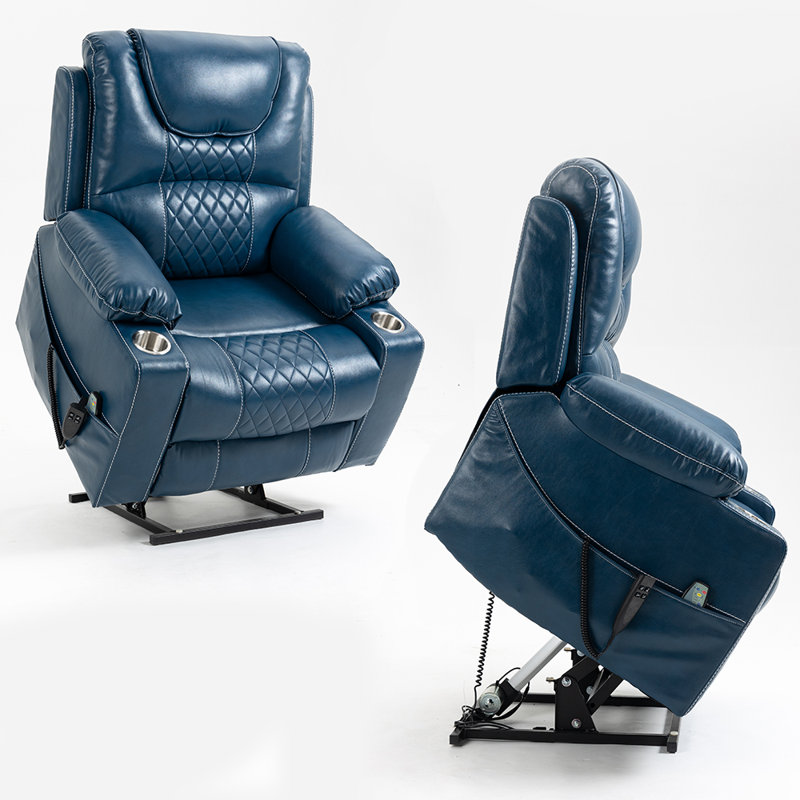Palmera 38"W Dual Electric Power Lift Recliner Chair with Massage and Heat, 180 degrees, Blue Faux Leather