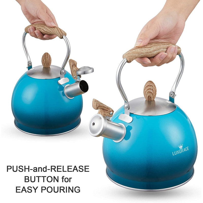 2.6 Quart Blue Stainless Steel Whistling Tea Kettle with Folding Handle