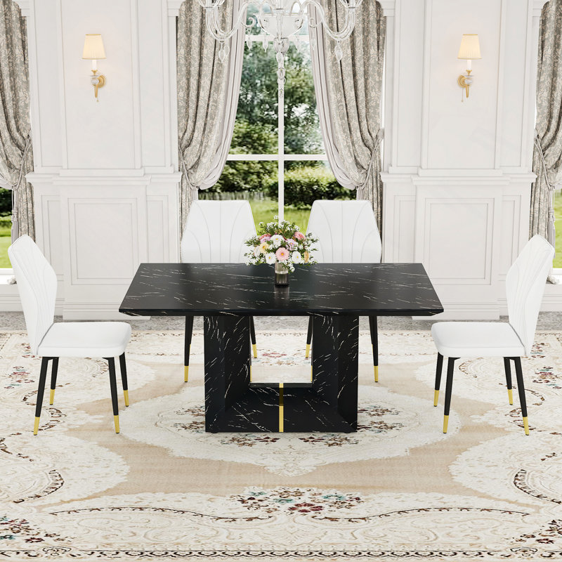 Ensemble de table et de chaises. Ensemble de salle à manger en panneau de fibres à densité moyenne - 63 po x 35,4 po avec 4 chaises en polyuréthane épissé avec un dossier élargi.