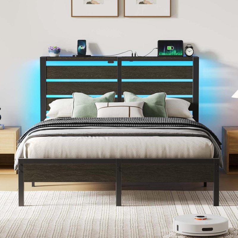 Bed Frame with Headboard & LED Lights, Metal Platform Bed with USB Charging Station, No Box Spring Needed, Full, Black