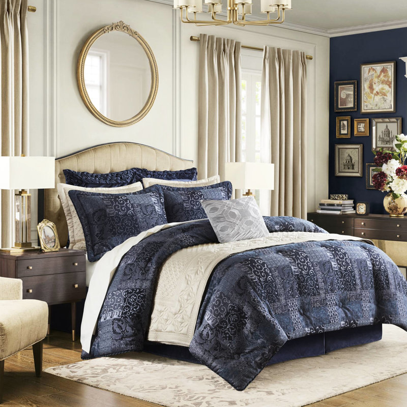 2022 Upgraded Navy 4 Pcs King Comforter - , Decorative Rope , Solid Reverse Backing Hidden Zippers, Exquisite Patchwork, Supportive Wadding, Machine Washable
