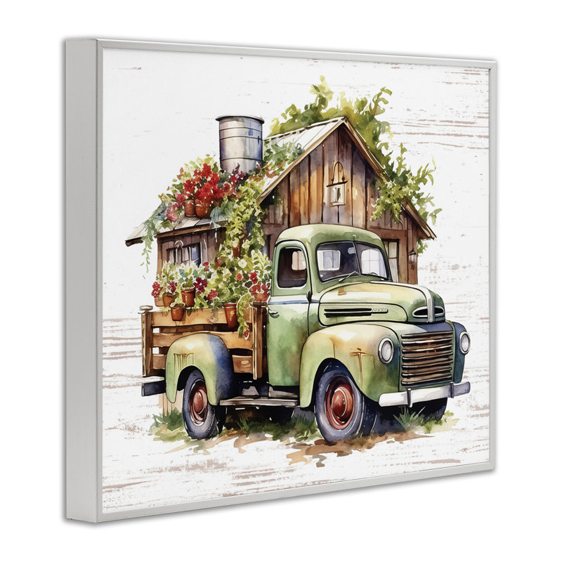 «Rustic Pickup with Greenery», art de la giclée encadrée par lettré et doublé, Giclée encadrée blanc bord de mer