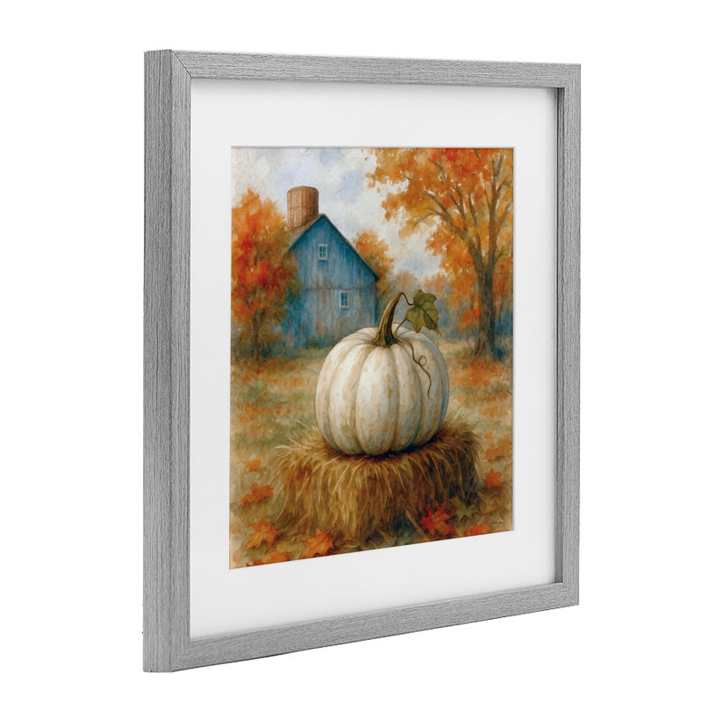 «Harvest Pumpkin on Hay Bale», reproduction encadrée sous verre, conception par Antony Smith, Cadre de ferme gris