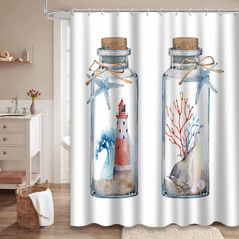 Aquarelle, toile de fond, phare nautique, fleur de plage, bouteille bleue avec 12 crochets, L 72 po x l 72 po