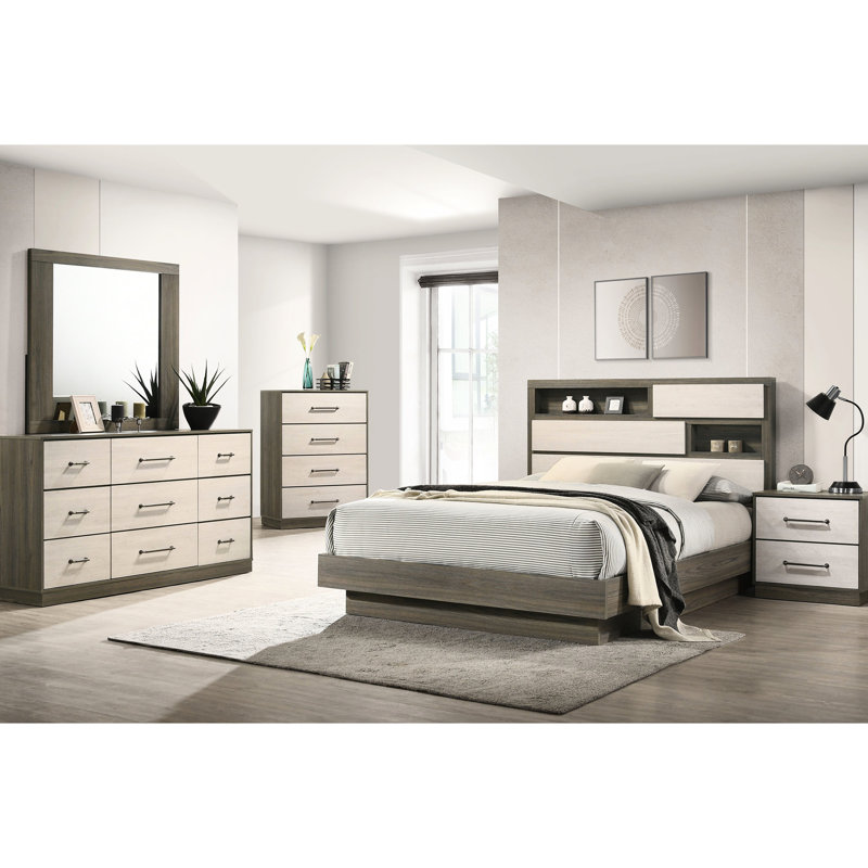Lit très grand contemporain avec bibliothèque en chêne gris, compartiment caché pour lit à souvenirs, cadre et espace de rangement
