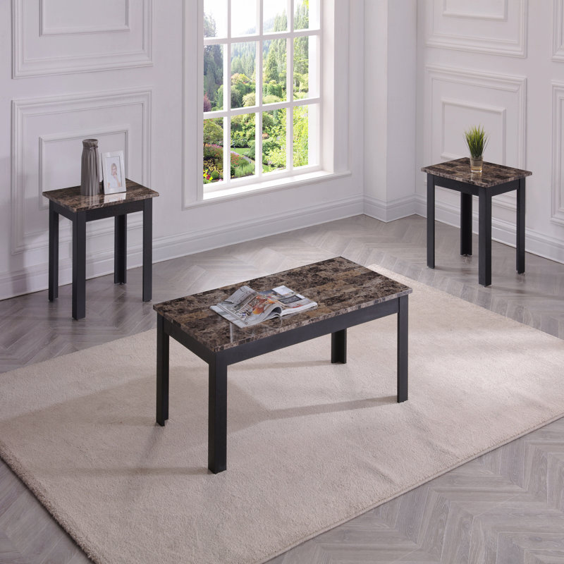 Ensemble de 3 tables de style traditionnel avec tables basses et tables de bout carrées avec pieds en bois et plateau en faux marbre