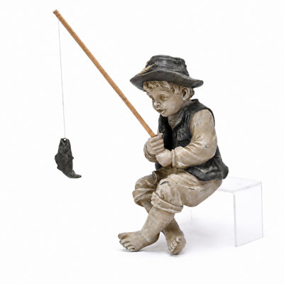 13.78 in. H Fishing Boy Outdoor Garden Statue with Rod and Fish, Resin Fisherman Figurine for Pond, Patio, Yard and Lawn Decor