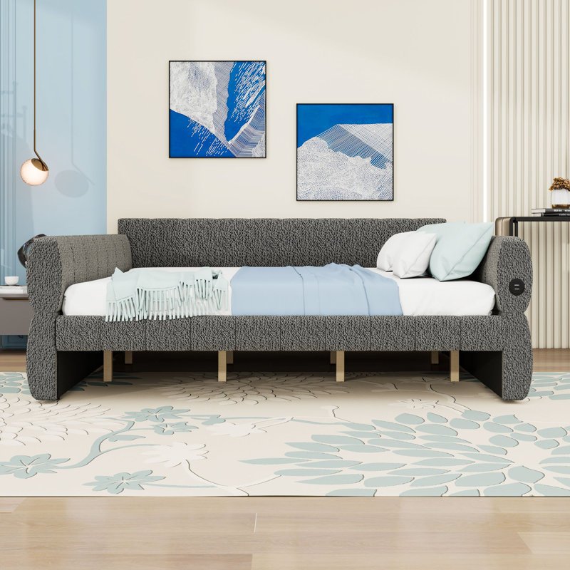 King Size Daybed with USB Charging and Slats, Gray