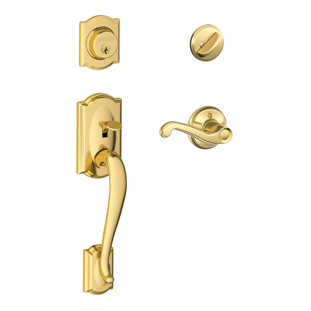 Camelot Handleset with Deadbolt and Flair Door Lever and Rosette Schlage Lever 