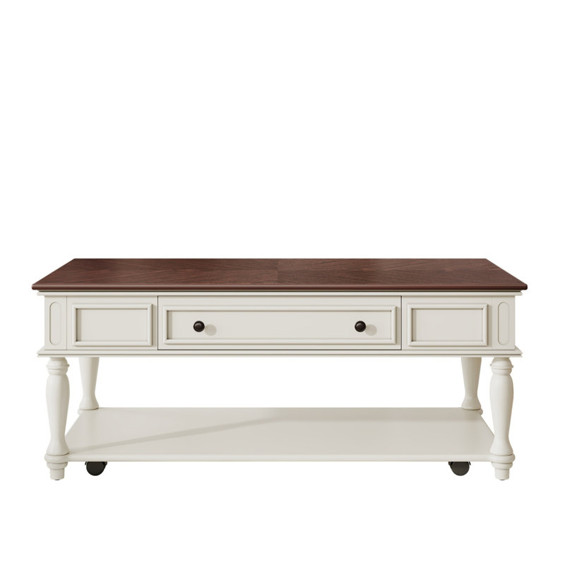 Table basse avec un tiroir, une tablette inférieure et des roulettes, Brun