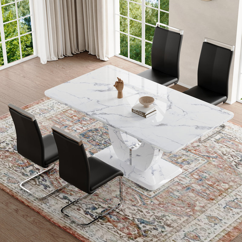 Ensemble de table de salle à manger, Noir / argent, Marbre blanc, 5 pièces