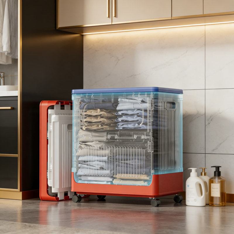 Panier à linge sur roulettes 60L avec couvercle et roues
