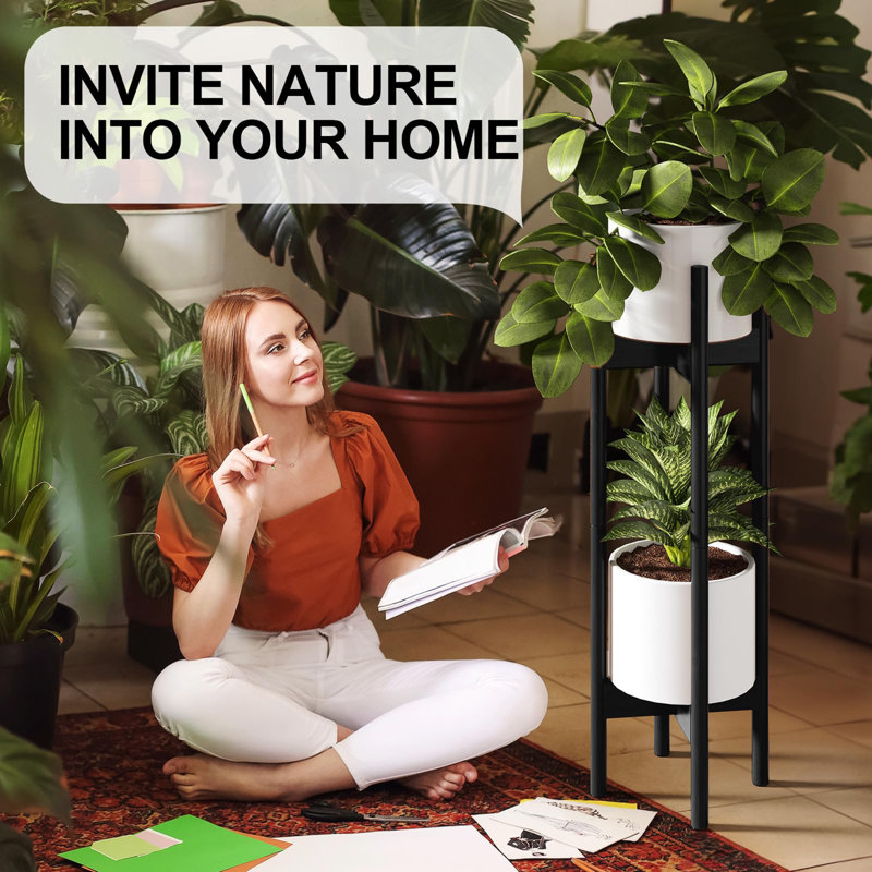 Adjustable Black Bamboo Mid-Century Modern Plant Stand Set