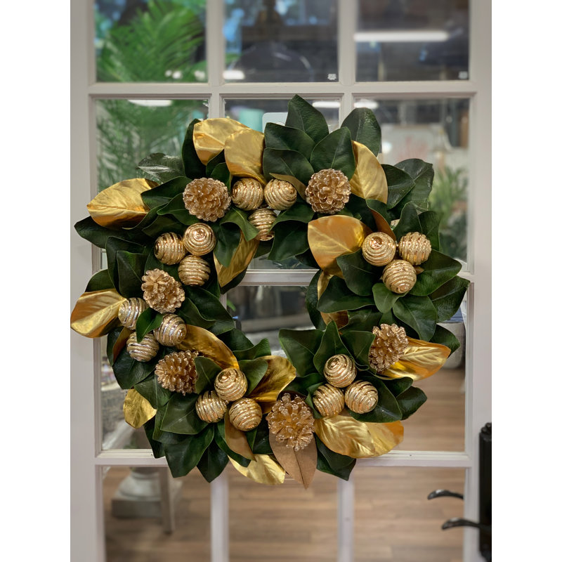 Holiday Wreath With Magnolia Leaves, Glitter Pinecones And Swirl Ornaments