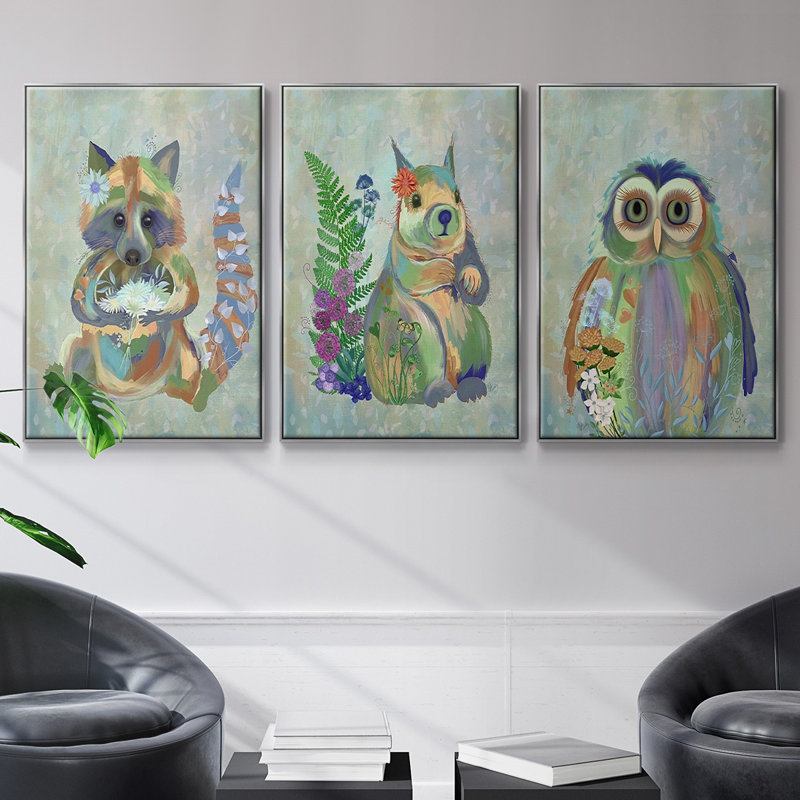 Fantastic Florals Owl 3 pièces, H 24 po x l 48 po x P 2 po, Encadrement argenté