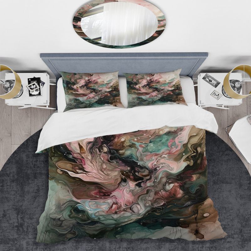Ensemble de housse de couette en microfibre / polyester rose et vert Inner Worlds of Marble III Bedding