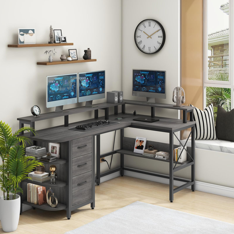 67" L Shaped Computer Desk With LED Lights And Power Outlets, Grey