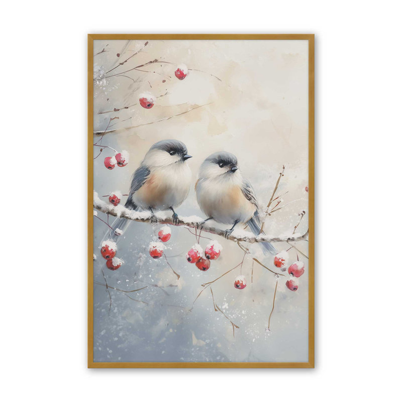 Deux oiseaux chanteurs d'hiver, reproduction d'art, 16 po x 20 po, Or poli