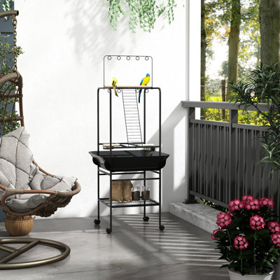 Porte-oiseau gris foncé pour petits perroquets - roues, bols en acier inoxydable, plateau coulissant, support, perroquet durable avec perchoirs multifonctionnels, pratique