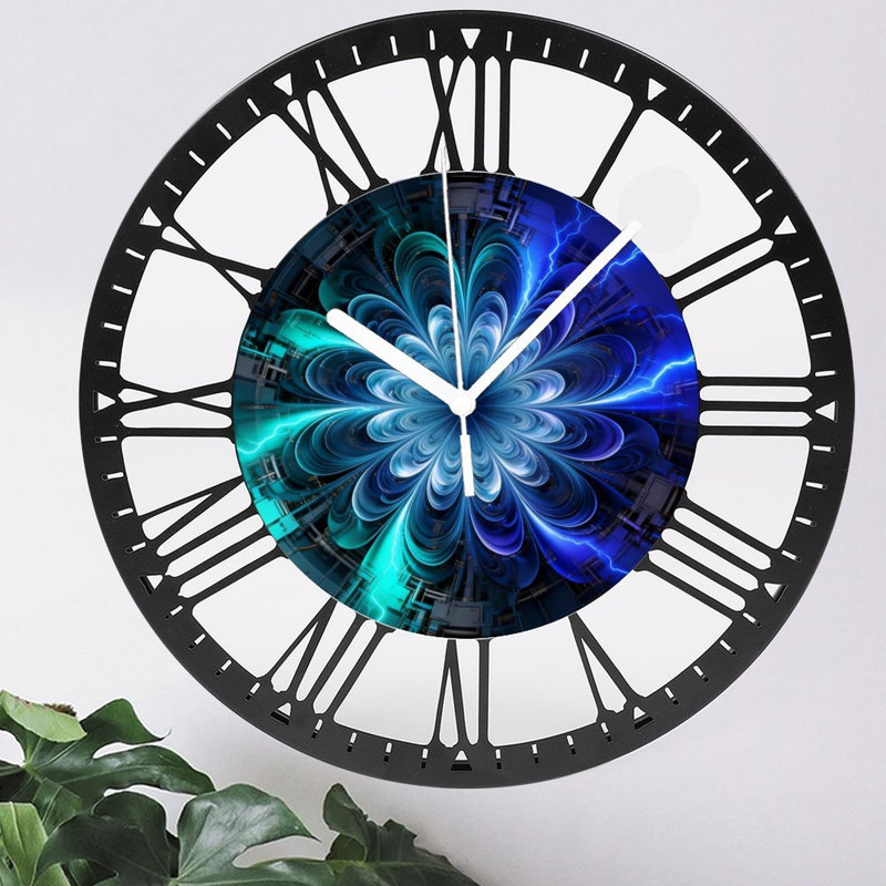 Horloge murale ronde en fer 10 po avec mouvement à quartz silencieux, chiffres romains, impression UV, Bleu électrique