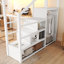 Grand lit mezzanine en métal blanc avec bureau, escalier, lumières à DEL et charge intégrée, compartiments de rangement