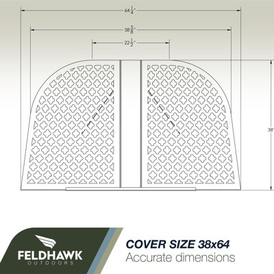 Victorian Window Well Covers, Basement Victorian Pattern Well Cover, Powder Coated Black, D - Shaped Egress Covering Semi-Universal Fit. 38”X58” Sizing. Feldhawk Outdoors.