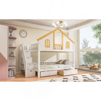Wooden House Roof Bunk Bed With Window Door And Roof,Storage Drawers And Staircase,White+Natural