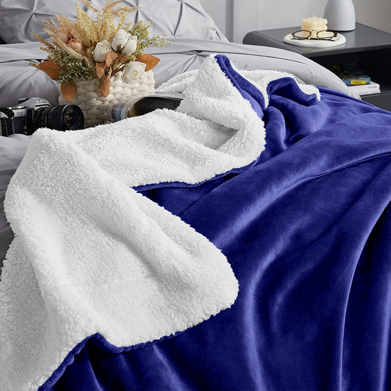 Formaran Sherpa Fleece Fur Thick Reversible Blanket Throw, Navy, W200 x L240cm