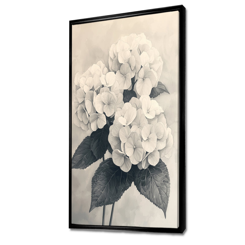 Hydrangées rétro en monochrome II - impressions sur toile d'hortensias, H 60 po x l 28 po, Reproduction avec cadre flottant