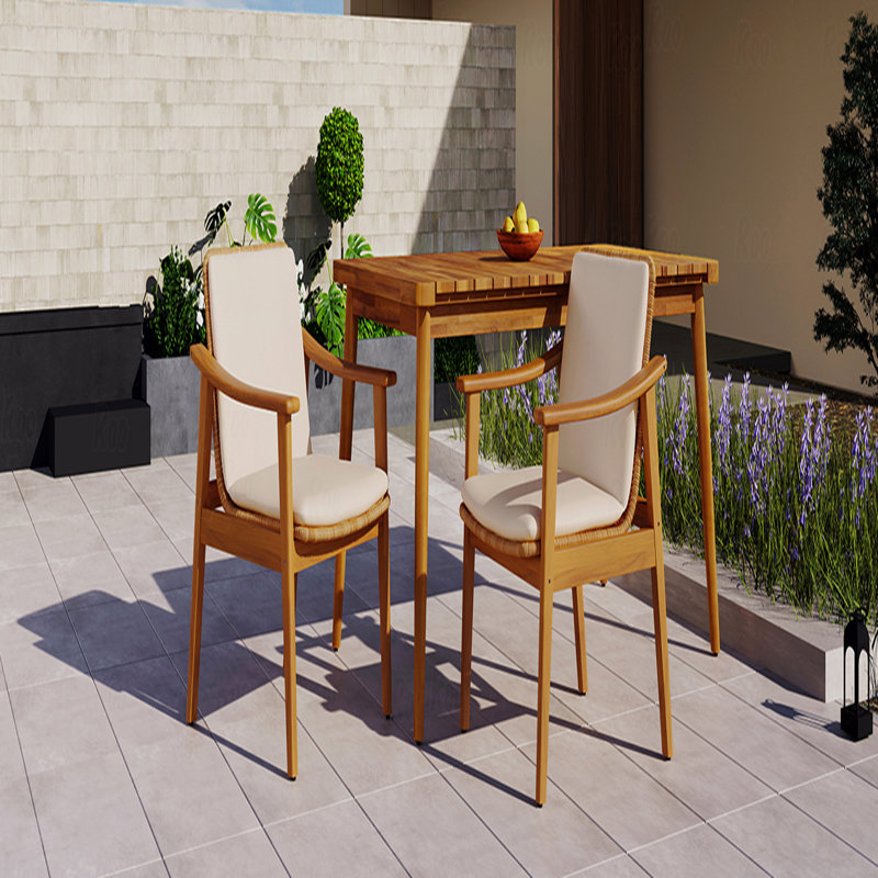 Set Of 2 Outdoor Patio Dining Chair, Teak Color Acacia Wooden Frame, Brown PE Wicker Waterproof Cushion, Beige