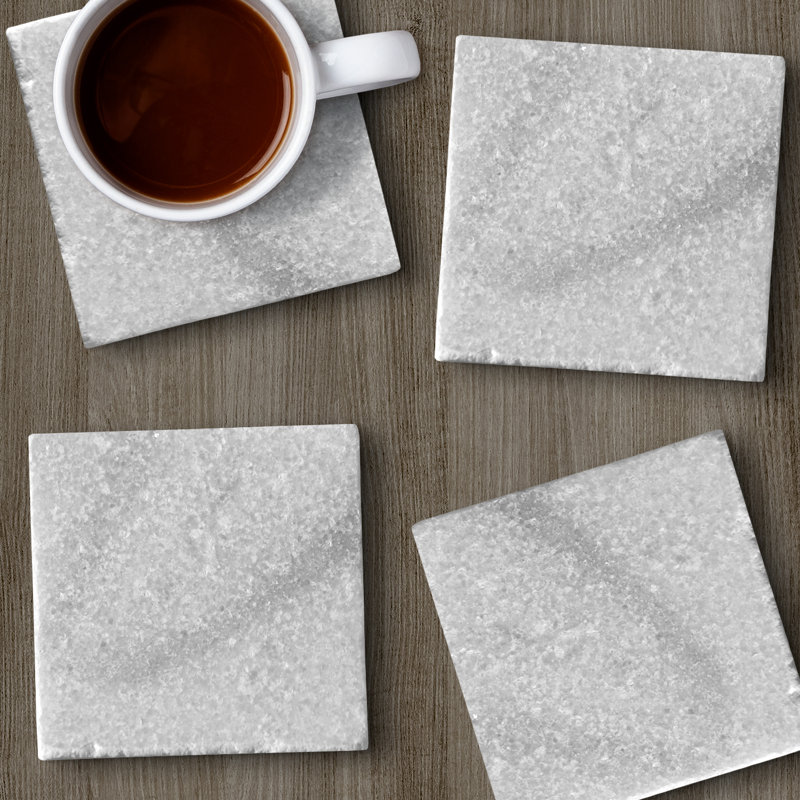 Natural White Marble Stone Square Coasters 4" x 4" Set