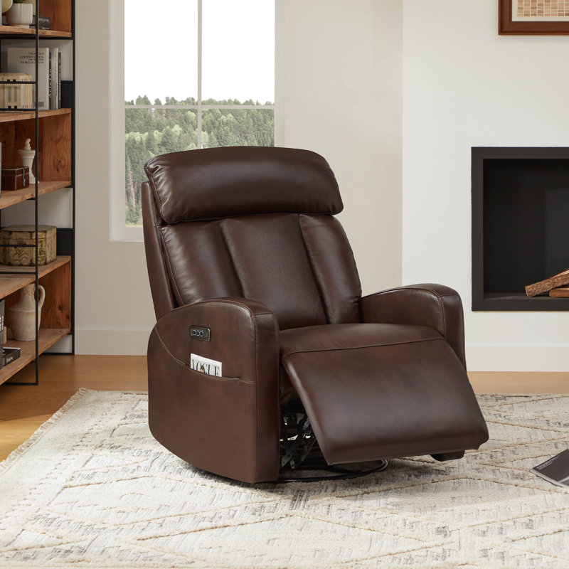 Genuine Leather Triple Motor Glider Swivel Rocker Power Recliner With Power Headrest And Power Lumbar Support, Cognac