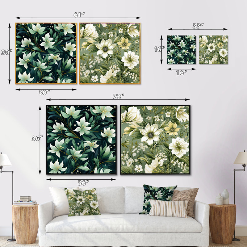 Langelier - Ensemble de 2 collages carrés floraux, Cadre flottant noir, H 16 po x l 33 po