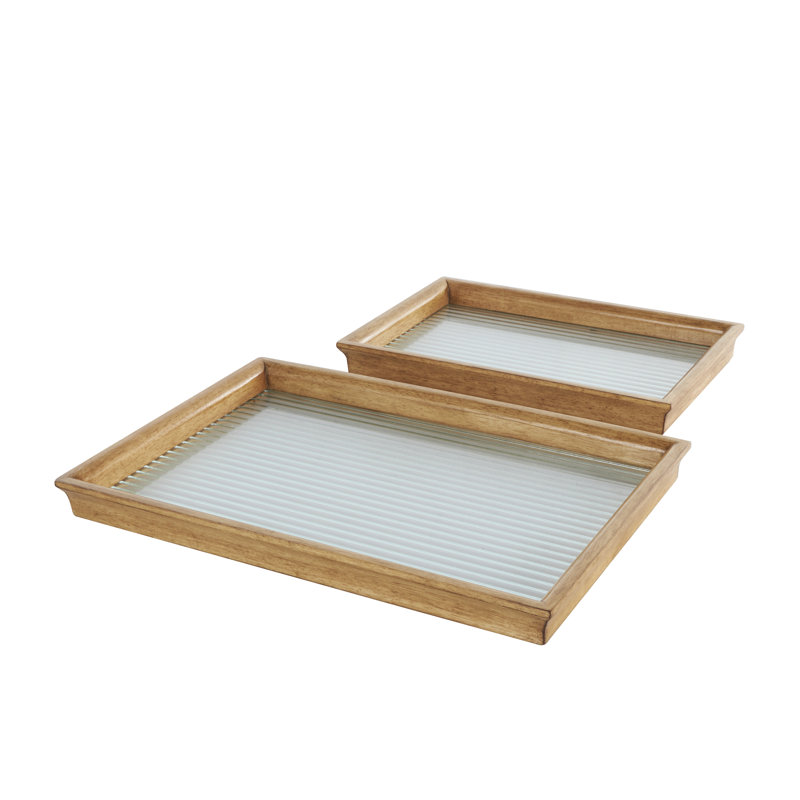 Joeleen Wood Nesting Decor Brown Tray with Fluted Glass Bases Set