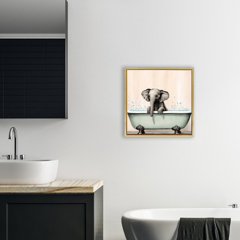 Cadre flottant Baby Elephant Bathtime, design par Sasha, H 18 po x l 18 po, Cadre flottant métallique doré