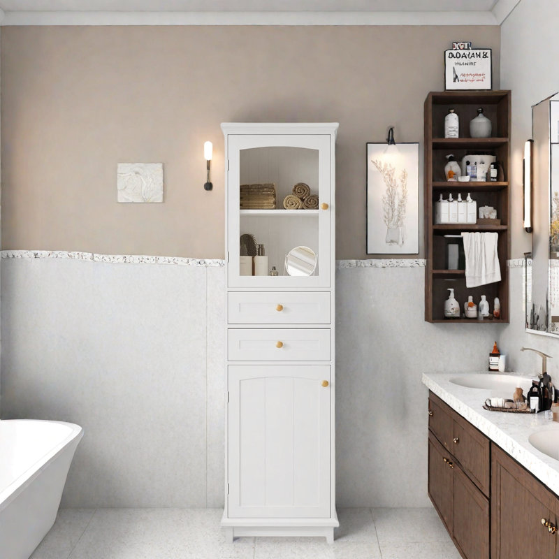 Armoire de rangement pour salle de bain avec portes en verre, 2 tiroirs et tablettes réglables, Blanc