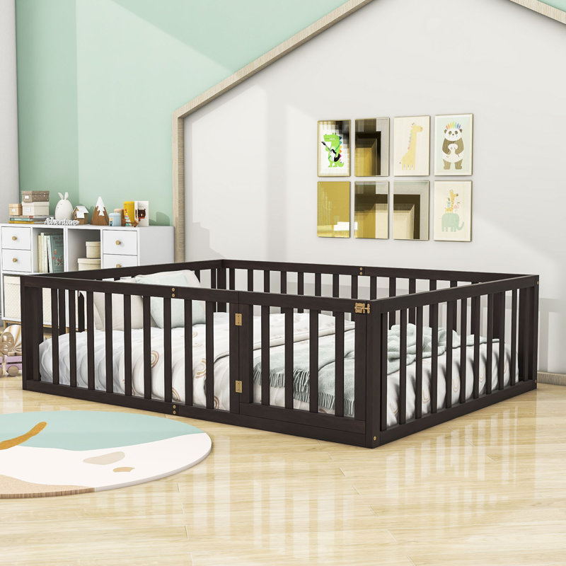 Hendrelino Wooden Daybed Frame with Guardrail, Walnut, Queen